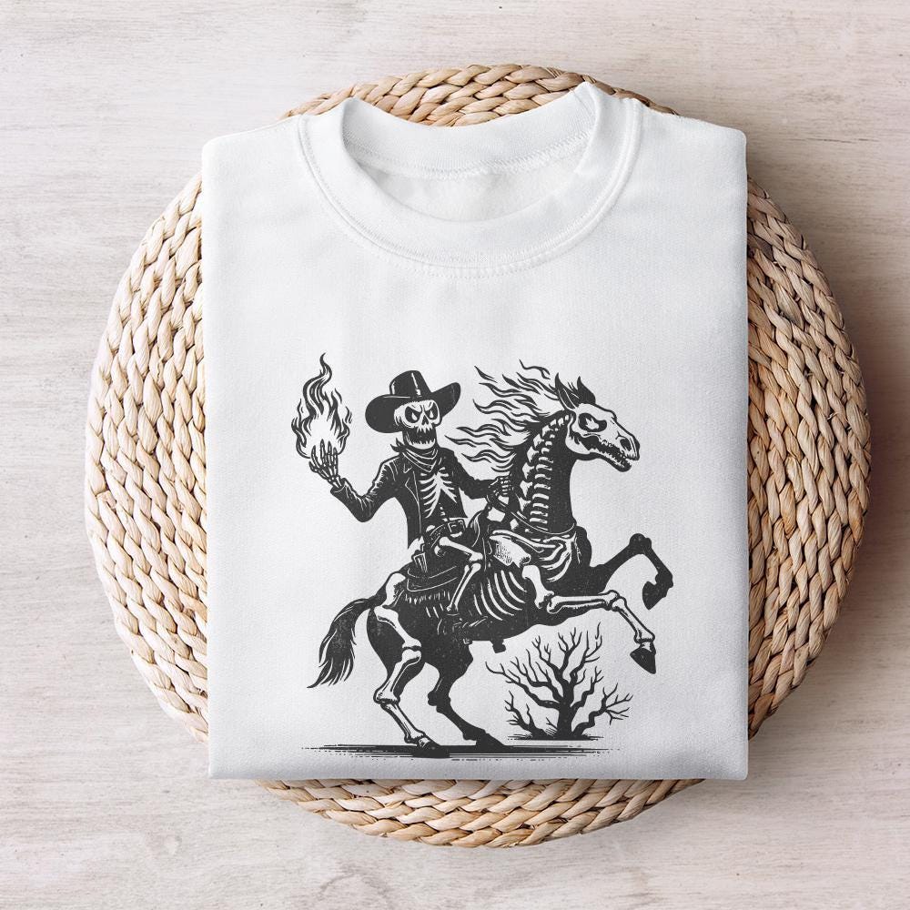 Skeleton Cowboy on Horse PNG, Western Gothic Art - 300 DPI Design for
