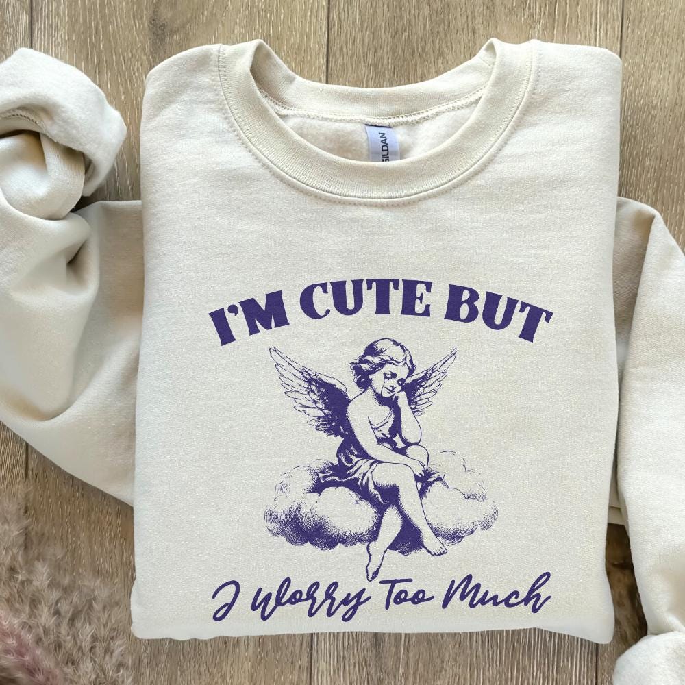 I'm Cute But I Worry Too Much PNG, Trendy Vintage Angel - 300 DPI Design