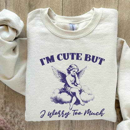 I'm Cute But I Worry Too Much PNG, Trendy Vintage Angel - 300 DPI Design