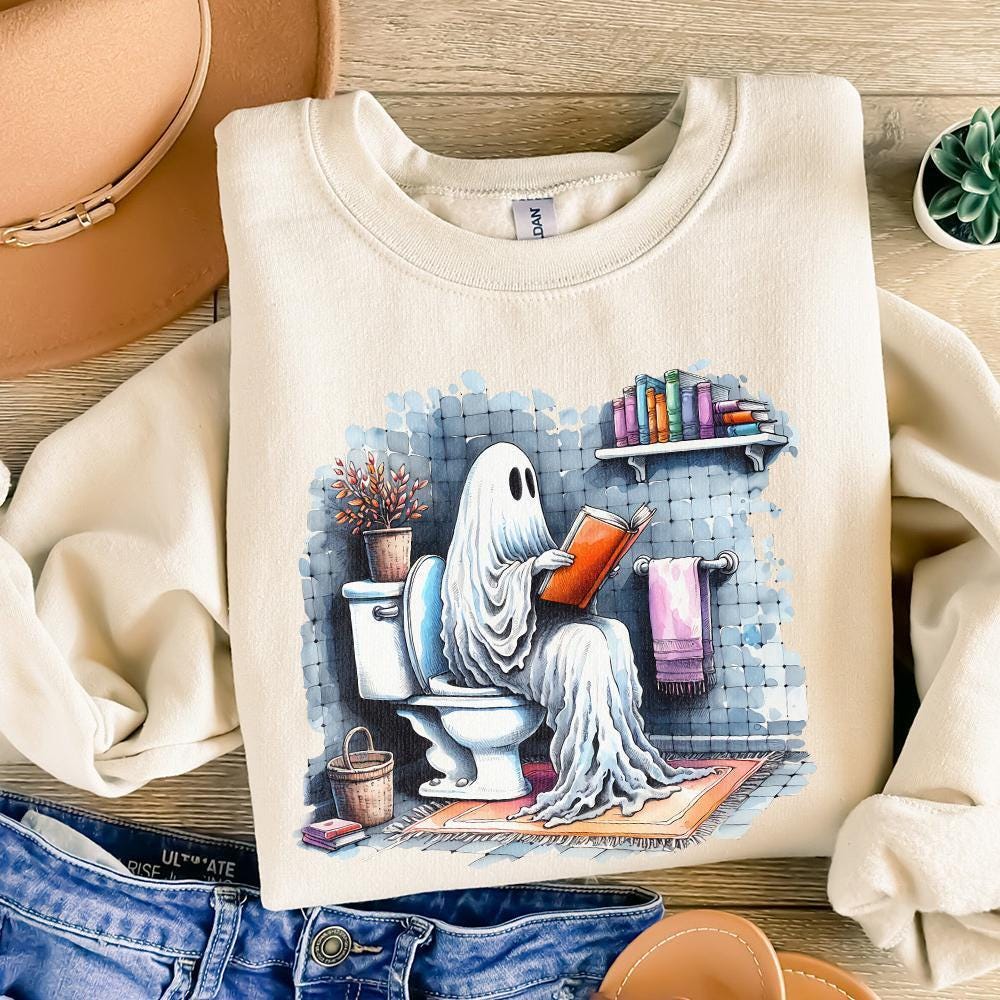 Funny Ghost Reading on Toilet T-Shirt Design, Cute Halloween Digital
