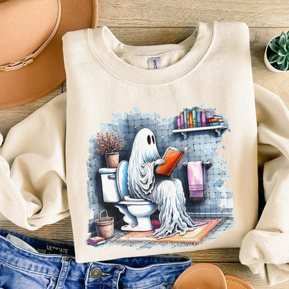 Funny Ghost Reading on Toilet T-Shirt Design, Cute Halloween Digital
