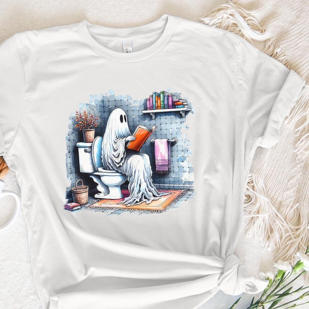 Funny Ghost Reading on Toilet T-Shirt Design, Cute Halloween Digital