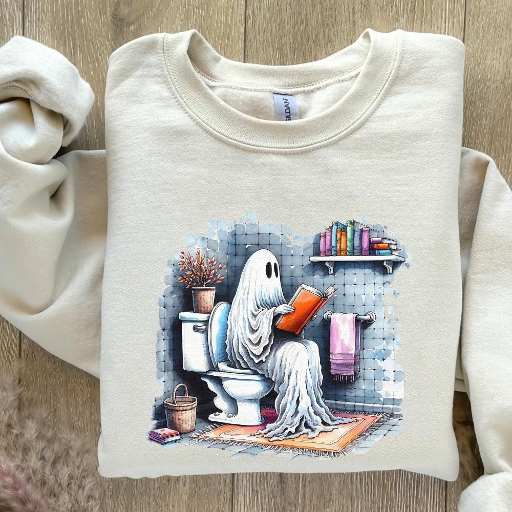 Funny Ghost Reading on Toilet T-Shirt Design, Cute Halloween Digital