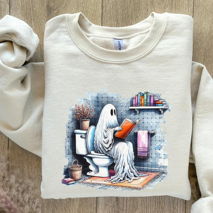 Funny Ghost Reading on Toilet T-Shirt Design, Cute Halloween Digital