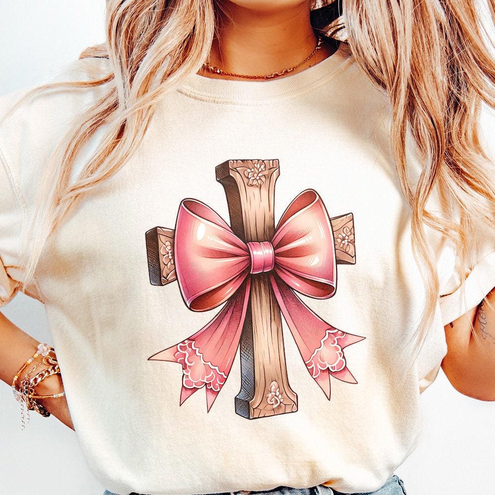 Cross with Pink Bow Png, Christian PNG Coquette - 300 DPI Design for
