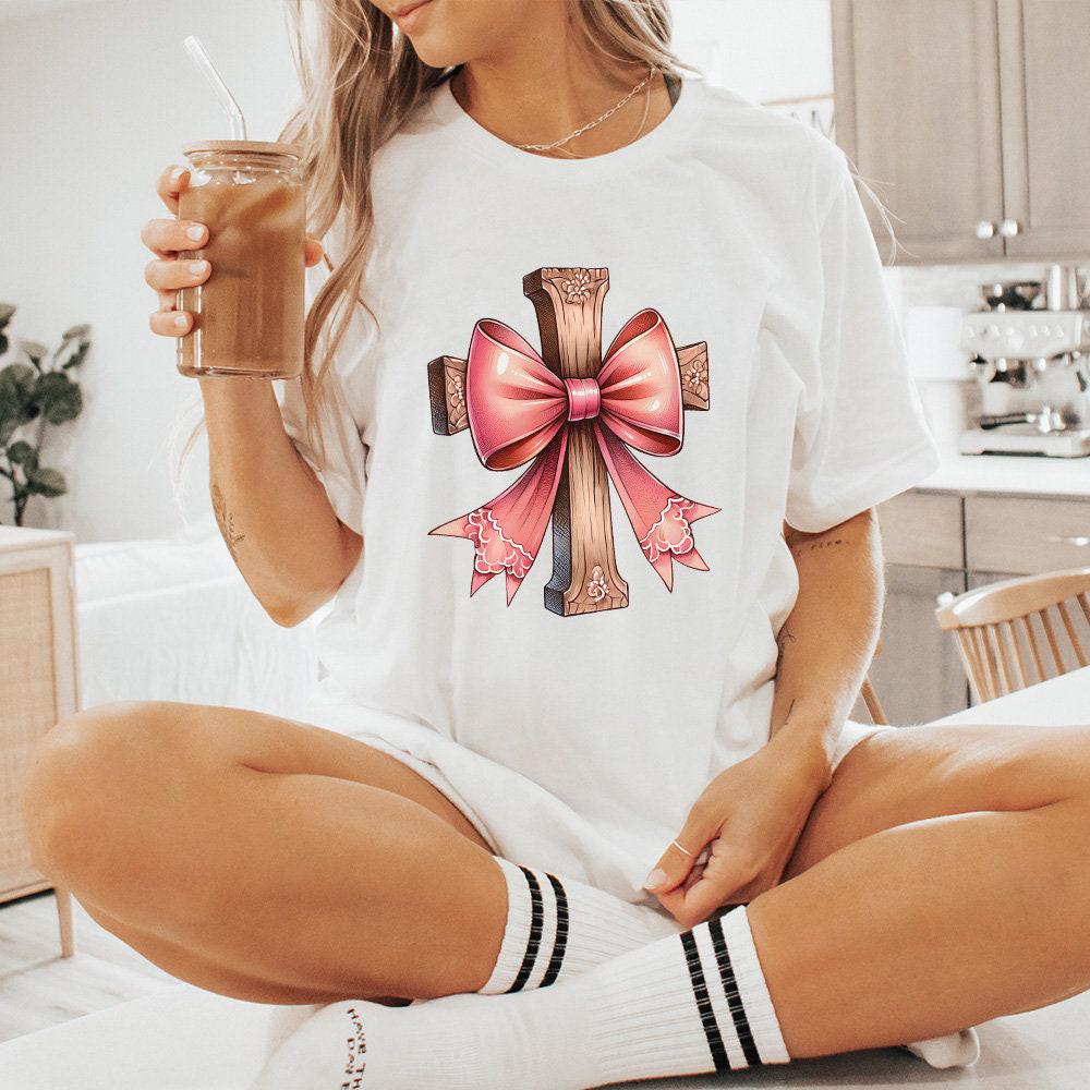Cross with Pink Bow Png, Christian PNG Coquette - 300 DPI Design for
