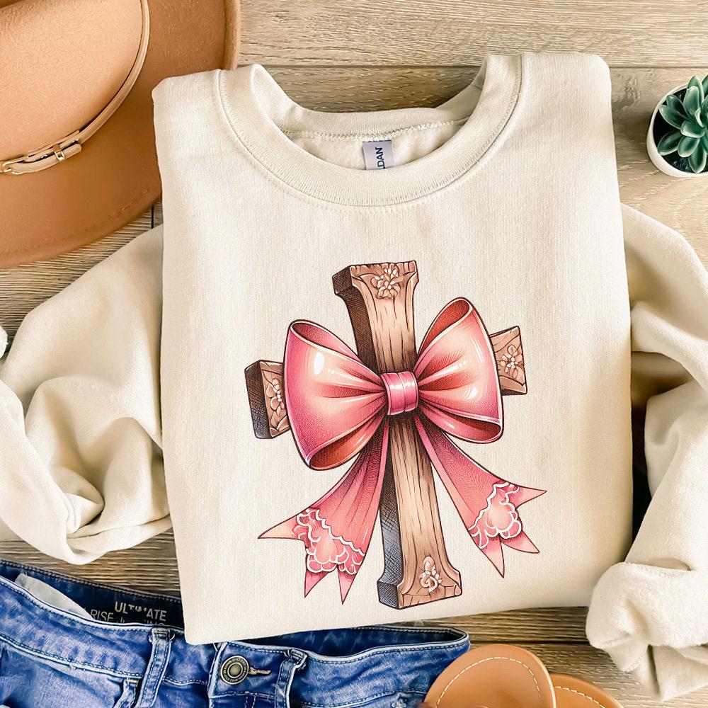 Cross with Pink Bow Png, Christian PNG Coquette - 300 DPI Design for