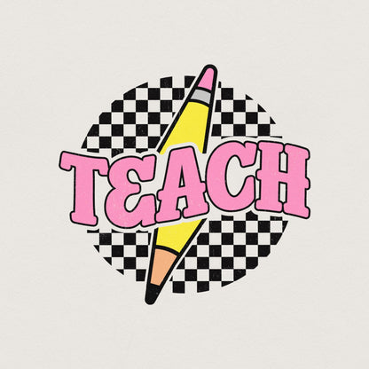 Checkered Teach PNG, Retro Teacher Shirt Sublimation Design - 300 DPI