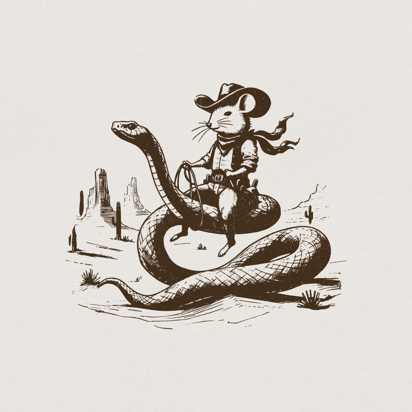 Mouse Cowboy riding Snake PNG, Whimsical Western Art - 300 DPI Design for
