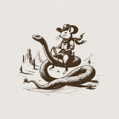 Mouse Cowboy riding Snake PNG, Whimsical Western Art - 300 DPI Design for