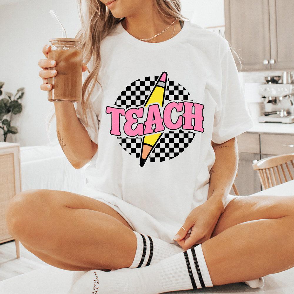 Checkered Teach PNG, Retro Teacher Shirt Sublimation Design - 300 DPI