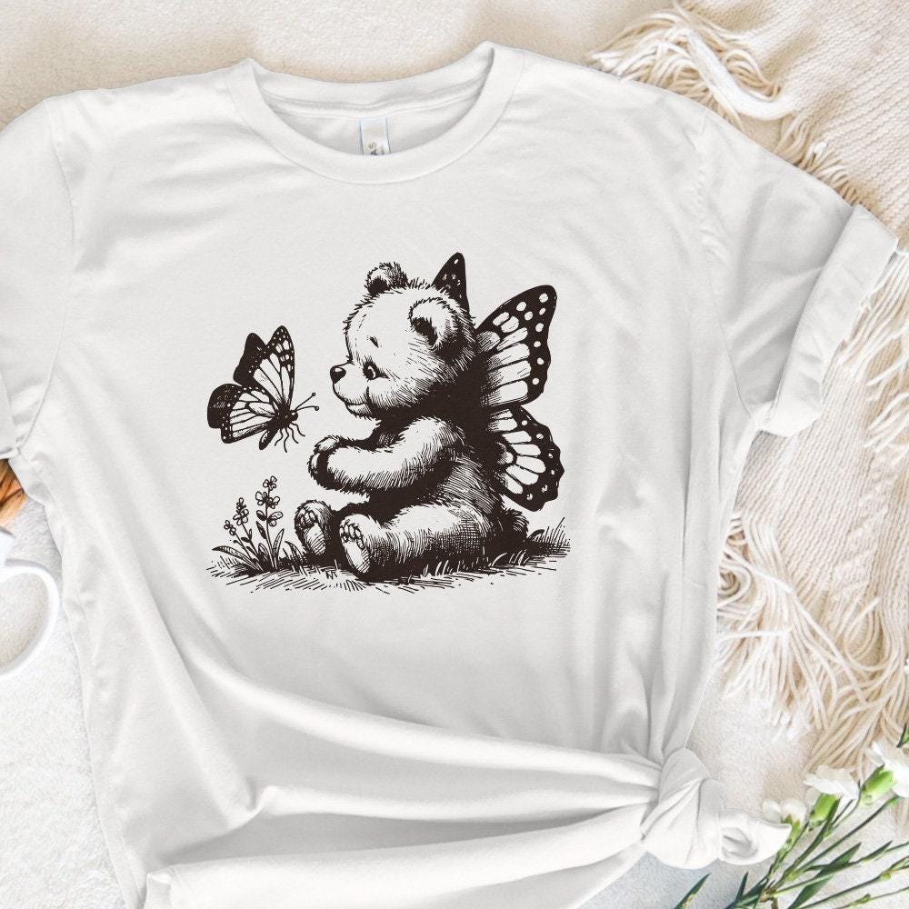 Adorable Bear with Butterfly Wings PNG, Vintage Animal Sketch - 300 DPI