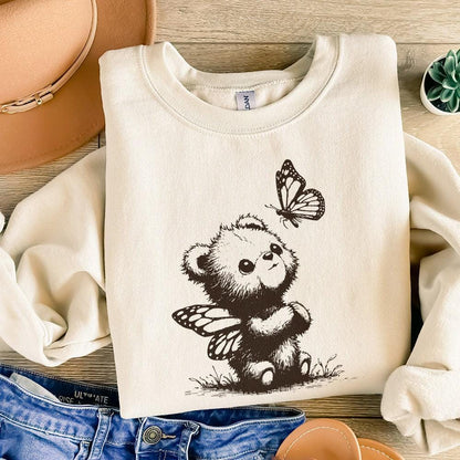 Adorable Grizzly Bear with Butterfly Wings PNG, Vintage Animal Sketch -