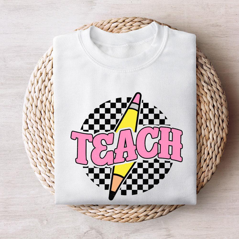 Checkered Teach PNG, Retro Teacher Shirt Sublimation Design - 300 DPI
