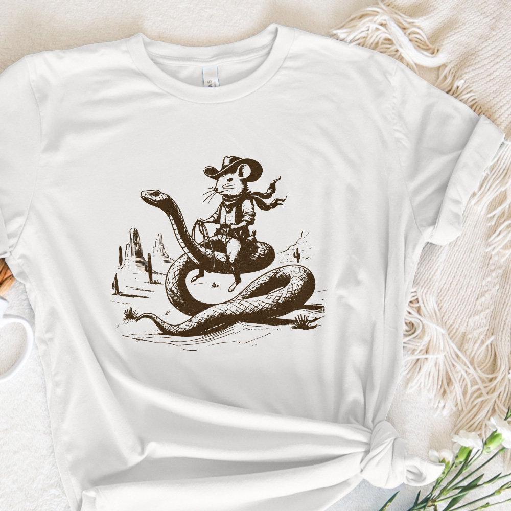 Mouse Cowboy riding Snake PNG, Whimsical Western Art - 300 DPI Design for