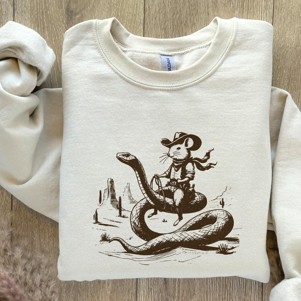 Mouse Cowboy riding Snake PNG, Whimsical Western Art - 300 DPI Design for
