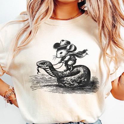 Mouse Cowboy on Snake PNG, Whimsical Western Art - 300 DPI Design for