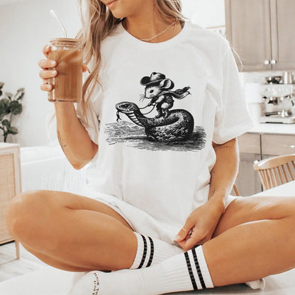 Mouse Cowboy on Snake PNG, Whimsical Western Art - 300 DPI Design for