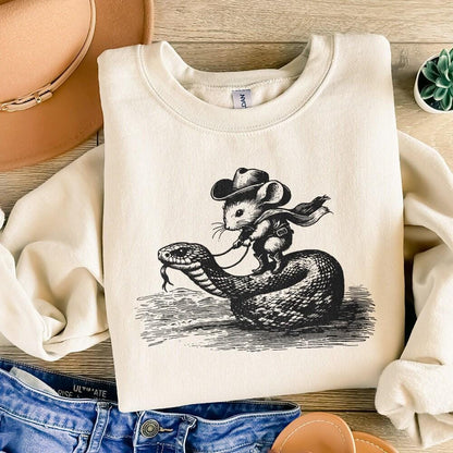 Mouse Cowboy on Snake PNG, Whimsical Western Art - 300 DPI Design for