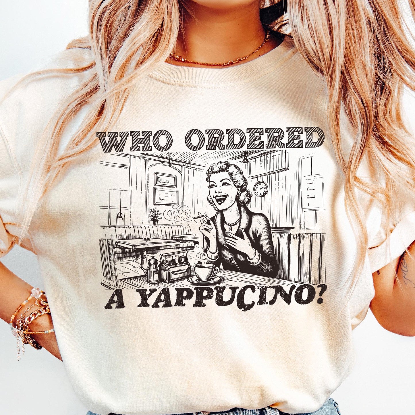 Who Ordered a Yappachino Retro Woman in Coffee Shop PNG, Vintage Cafe
