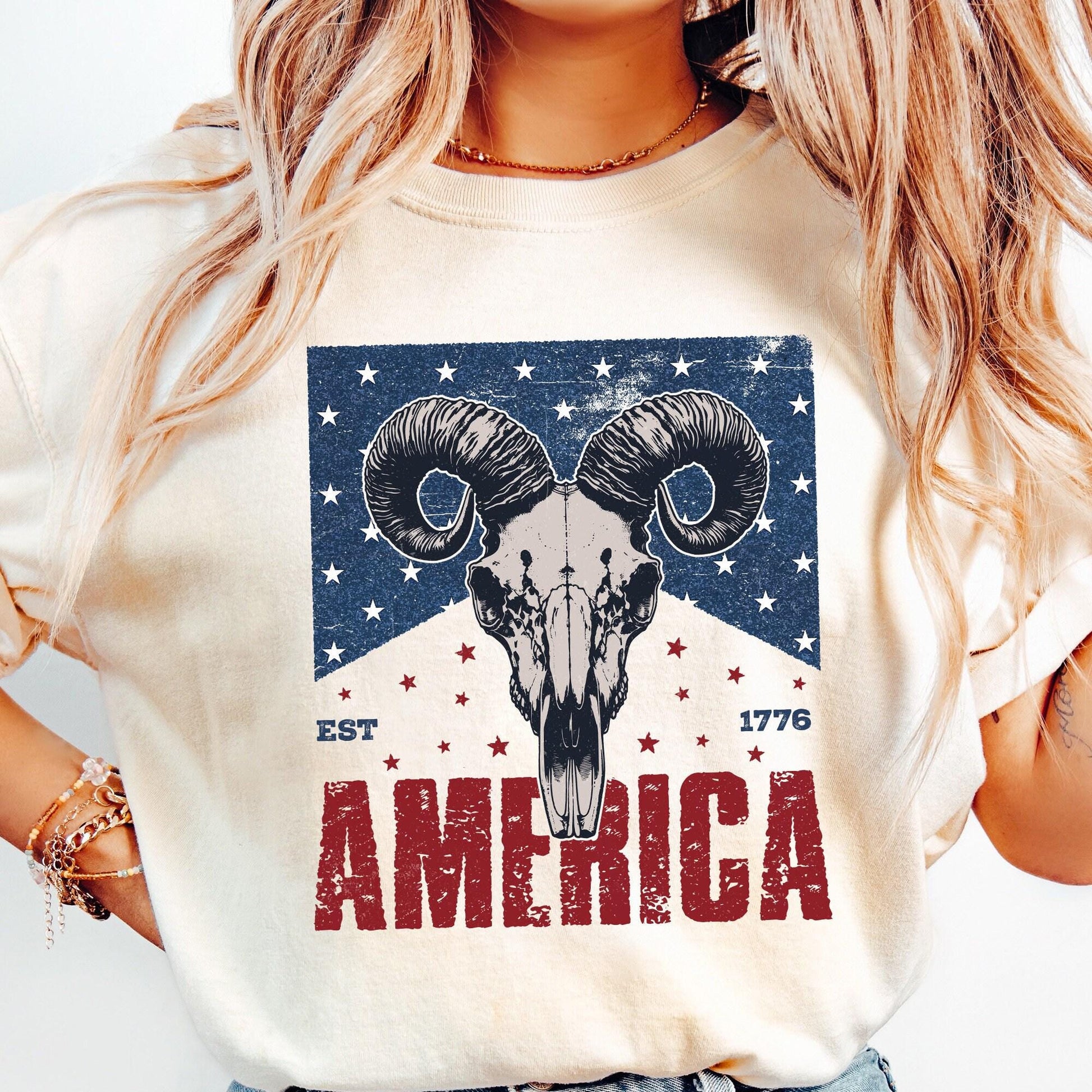 Western Bull Skull American Flag PNG, 4th of July Sublimation Design -