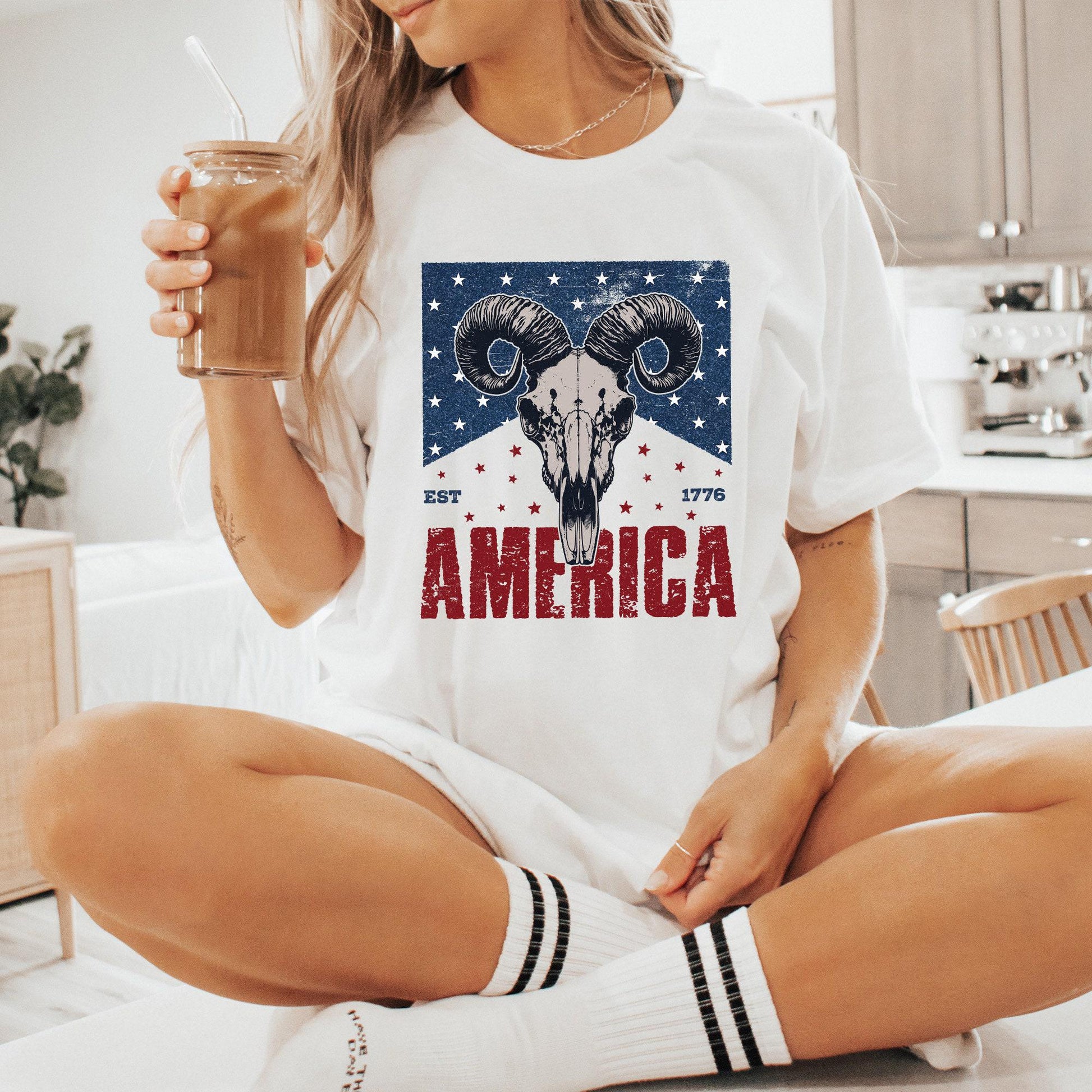 Western Bull Skull American Flag PNG, 4th of July Sublimation Design -