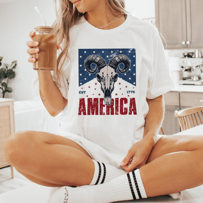 Western Bull Skull American Flag PNG, 4th of July Sublimation Design -