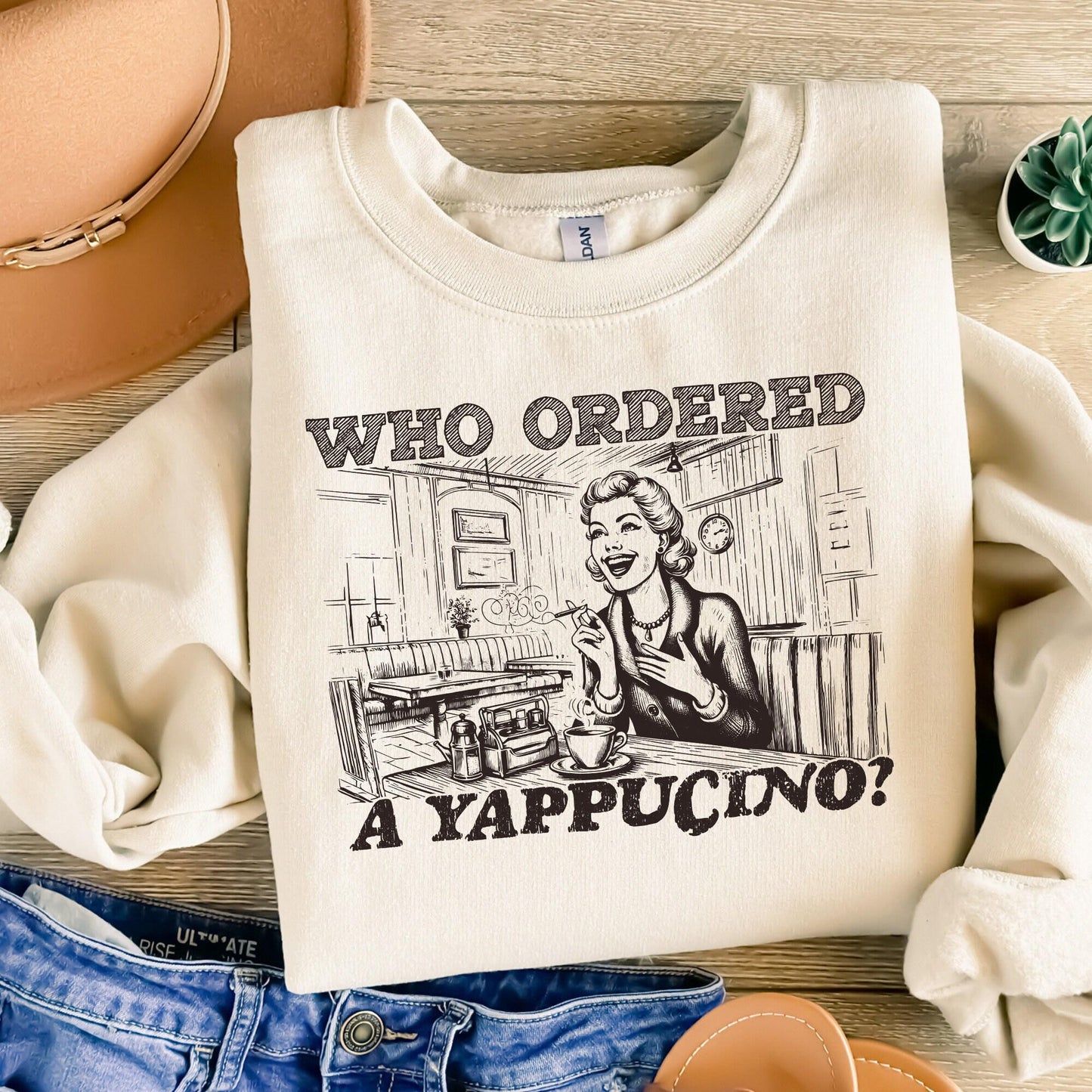 Who Ordered a Yappachino Retro Woman in Coffee Shop PNG, Vintage Cafe