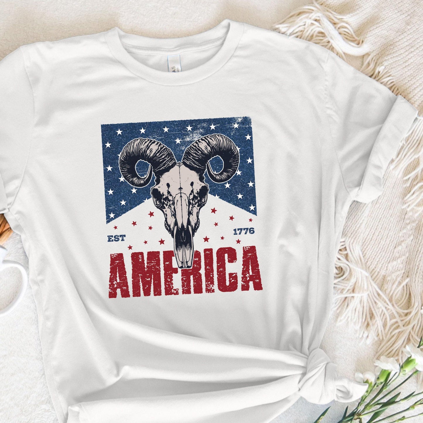 Western Bull Skull American Flag PNG, 4th of July Sublimation Design -