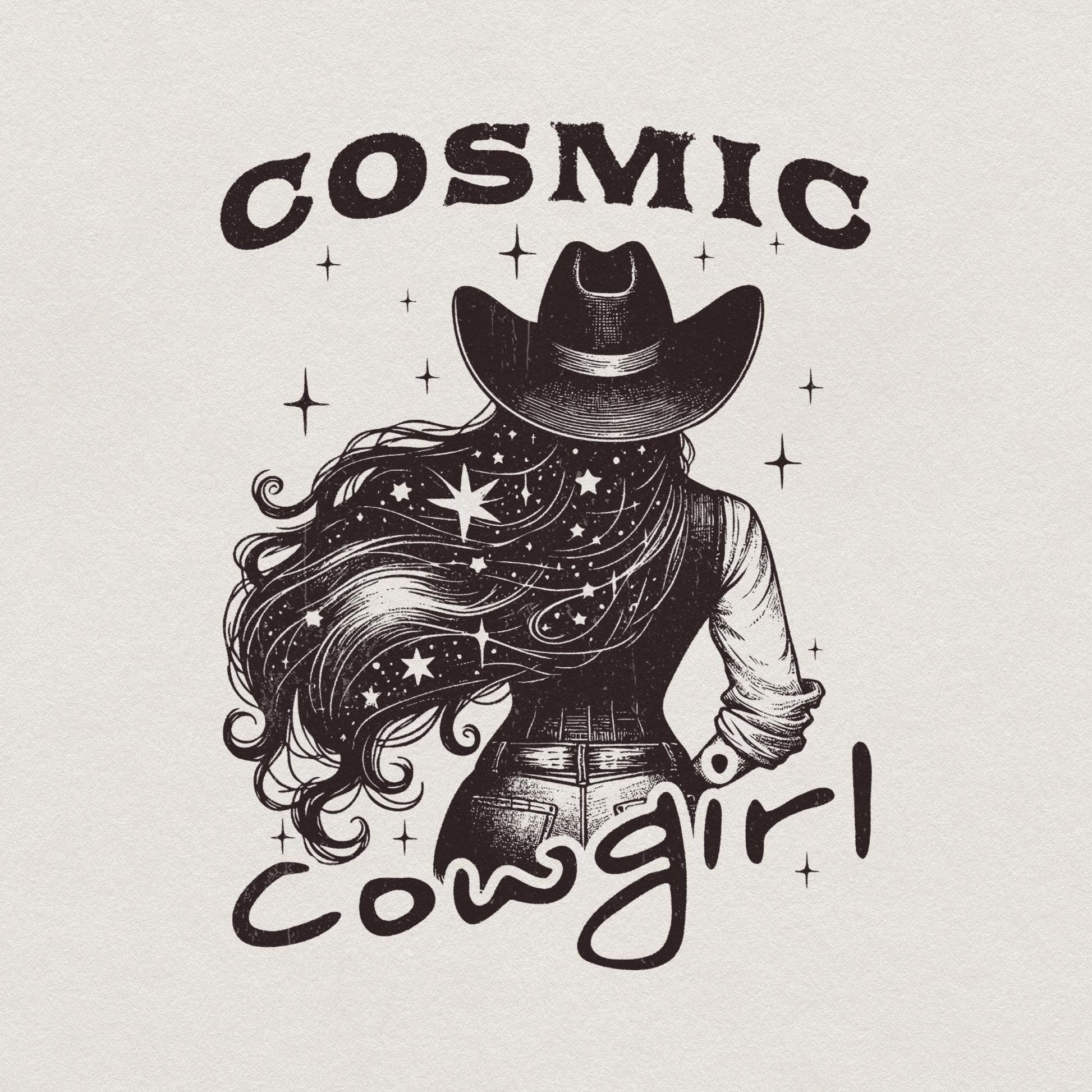 Retro Cosmic Cowgirl PNG Alt 2, Starry Night Space Cowgirl - 300 DPI
