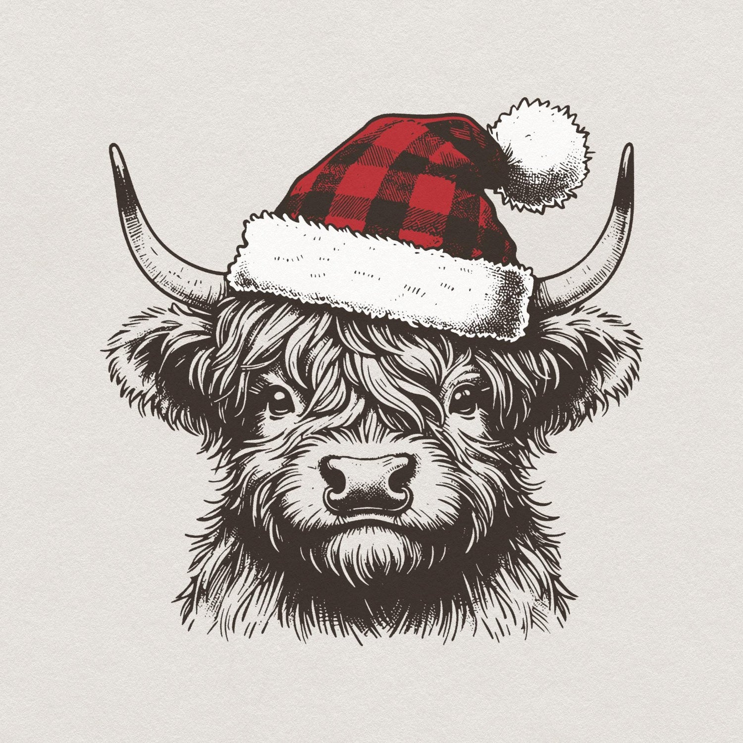Highland cow wearing a red and black buffalo plaid Santa hat, detailed vintage sketch style illustration for holiday sublimation projects.