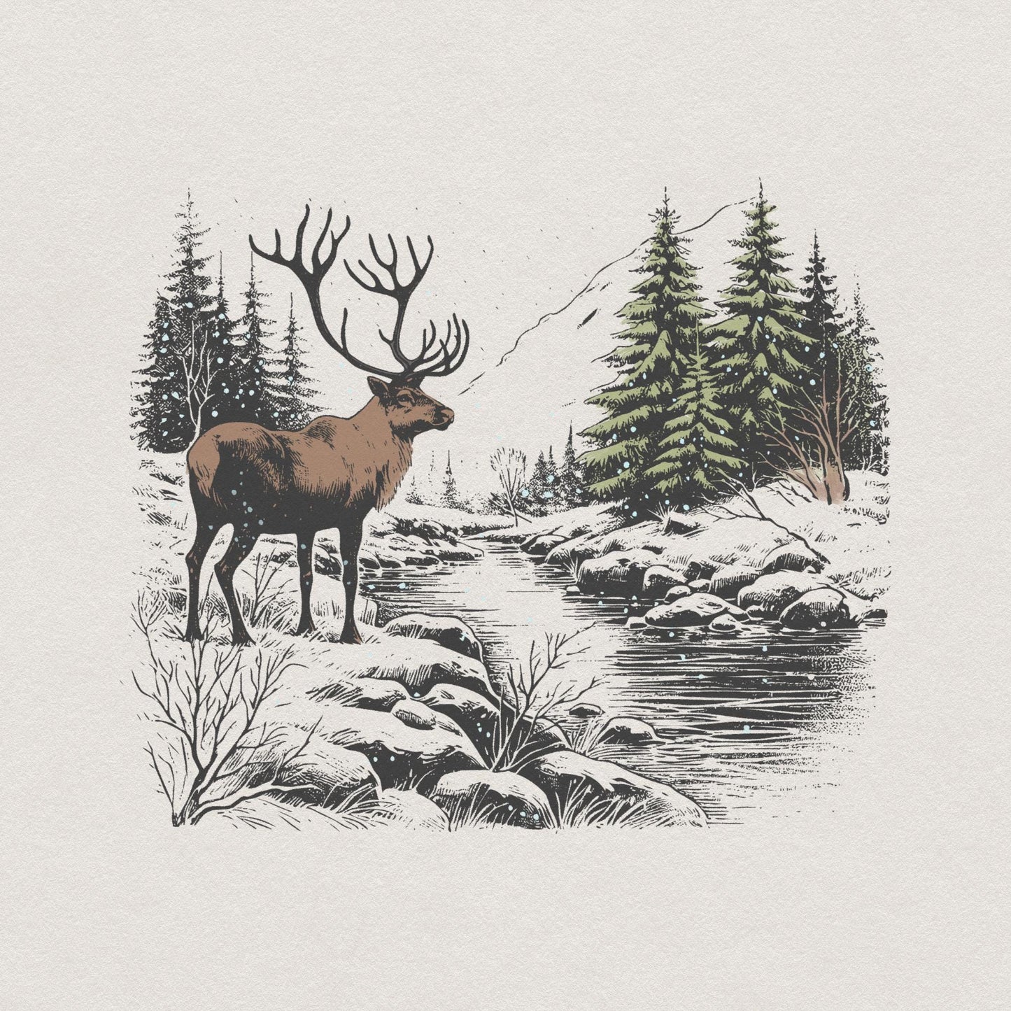 Retro Deer Wilderness Scene PNG Alt 2, Deer Art Sublimation - 300 DPI