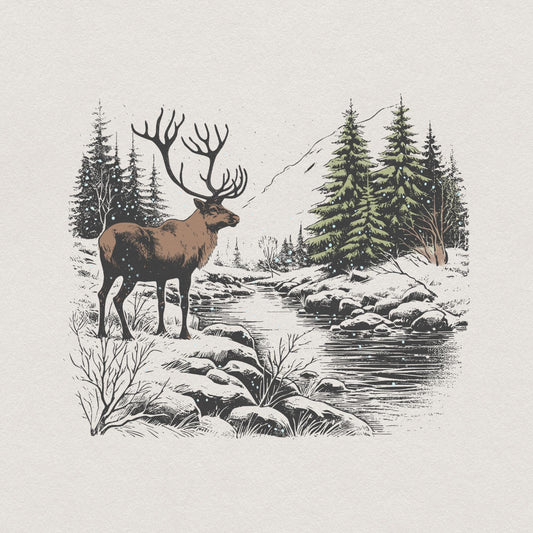 Retro Deer Wilderness Scene PNG Alt 2, Deer Art Sublimation - 300 DPI