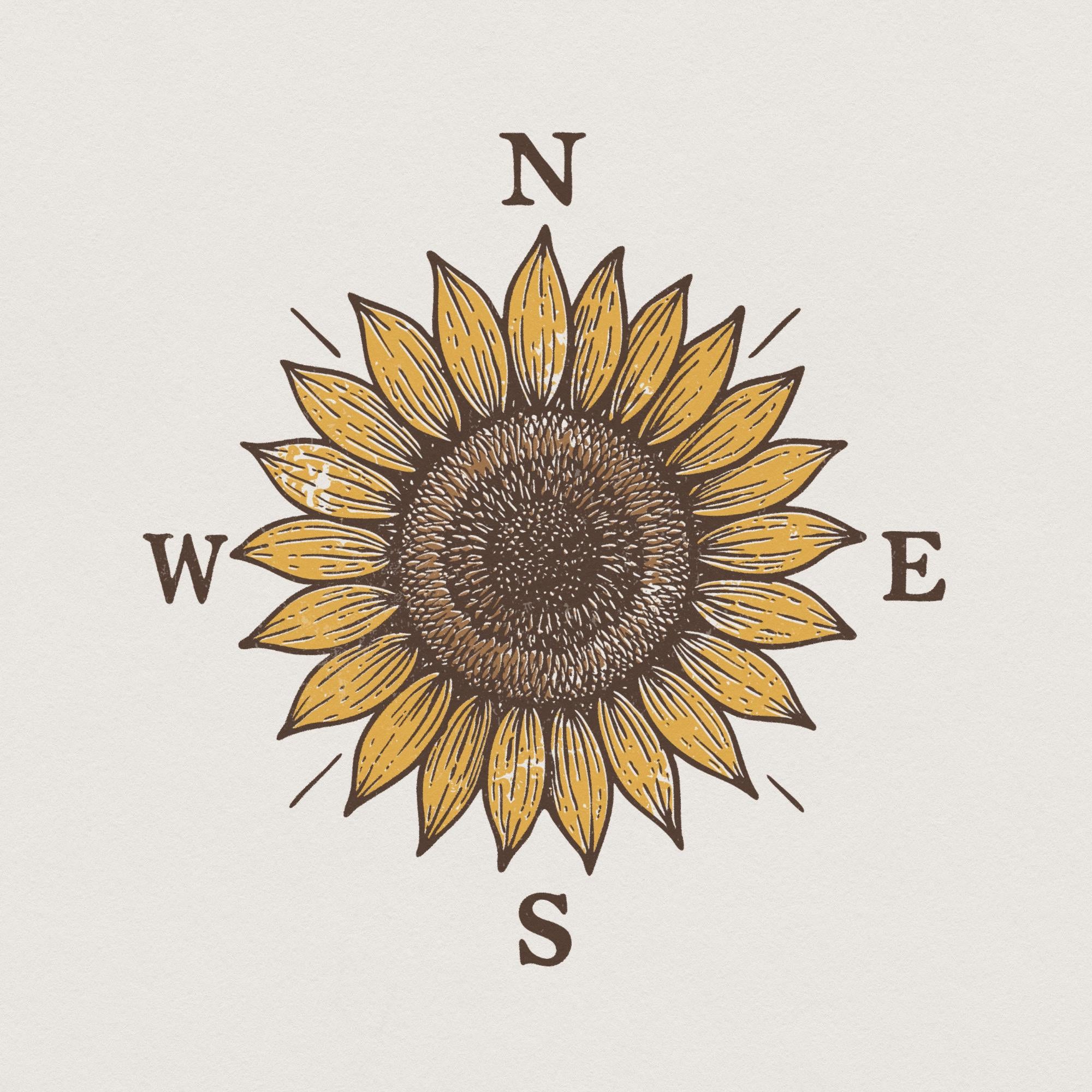 North West East South Sunflower PNG, Vintage Floral Compass