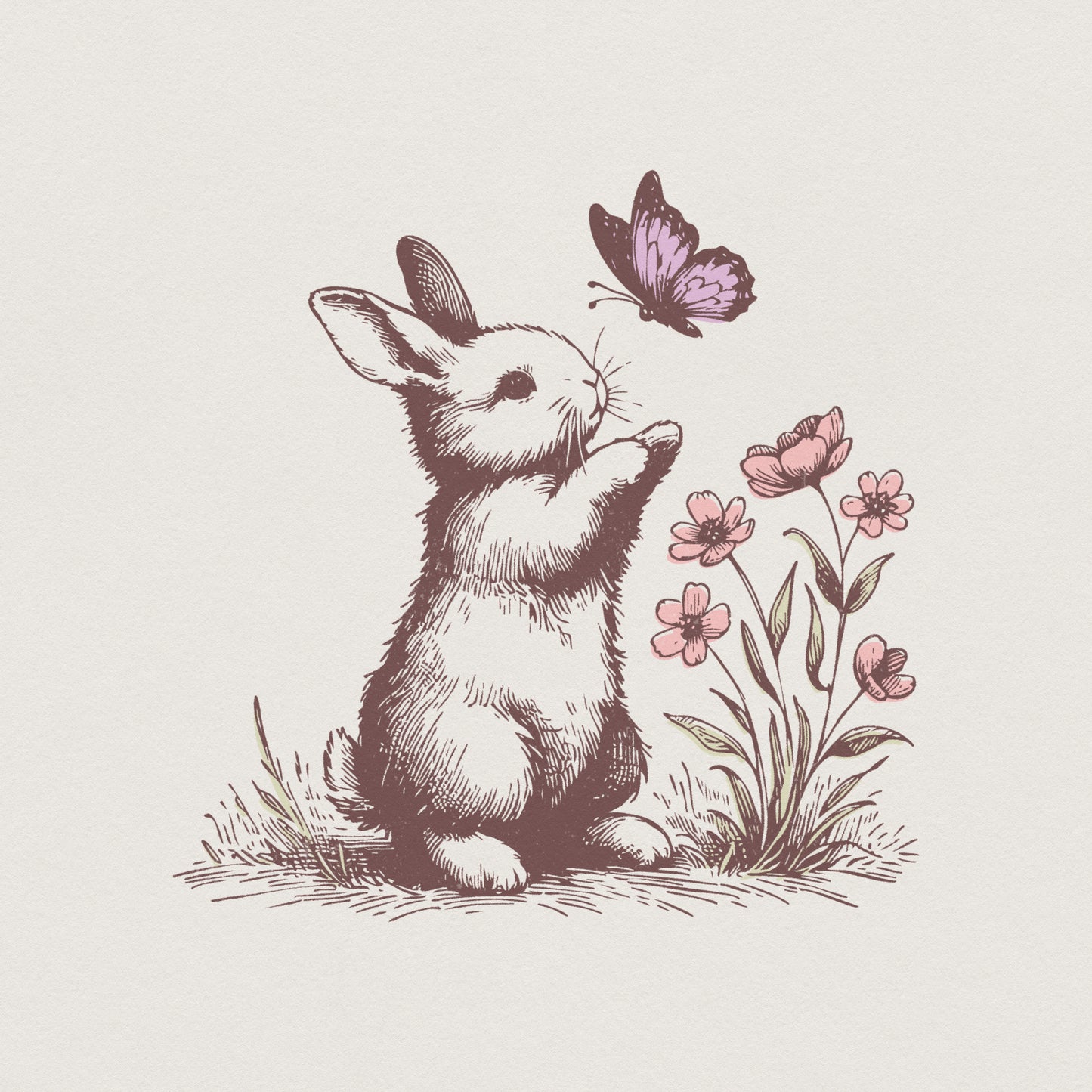 Whimsical bunny and butterfly illustration with soft pink floral accents, perfect for spring-themed sublimation and digital crafting projects.