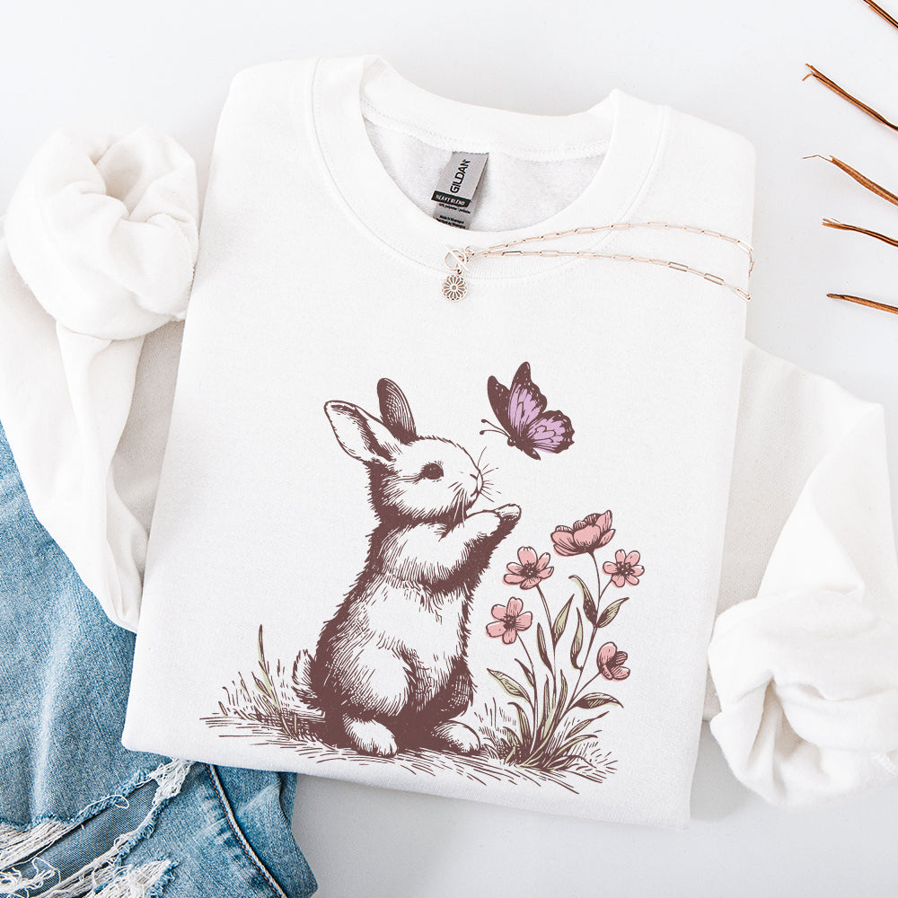 Spring-inspired rabbit and butterfly clipart, featuring a soft color palette suitable for sublimation transfers on shirts and tumblers.