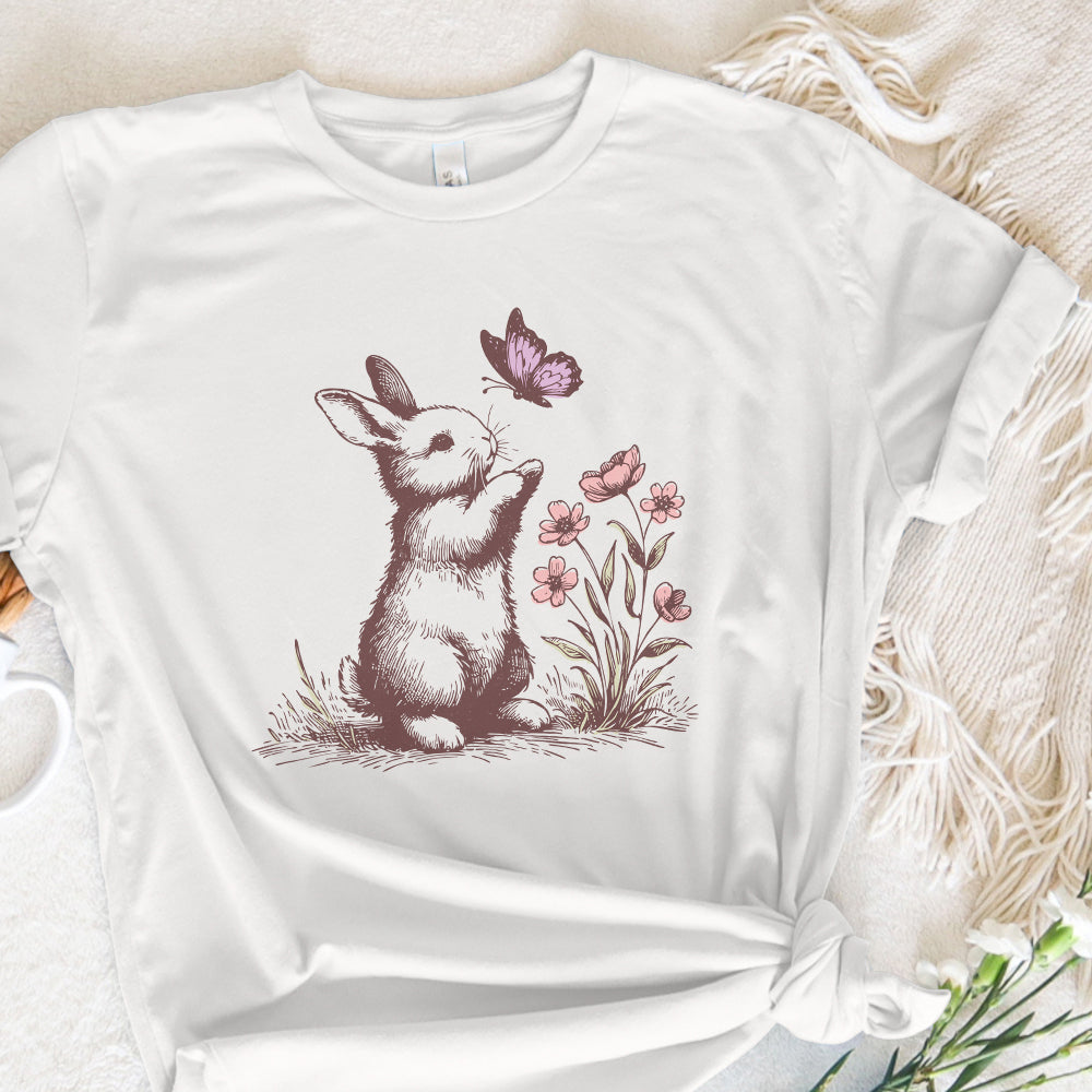 Decorative bunny and butterfly illustration, perfect for creating personalized baby shower invitations, nursery wall art, or apparel.