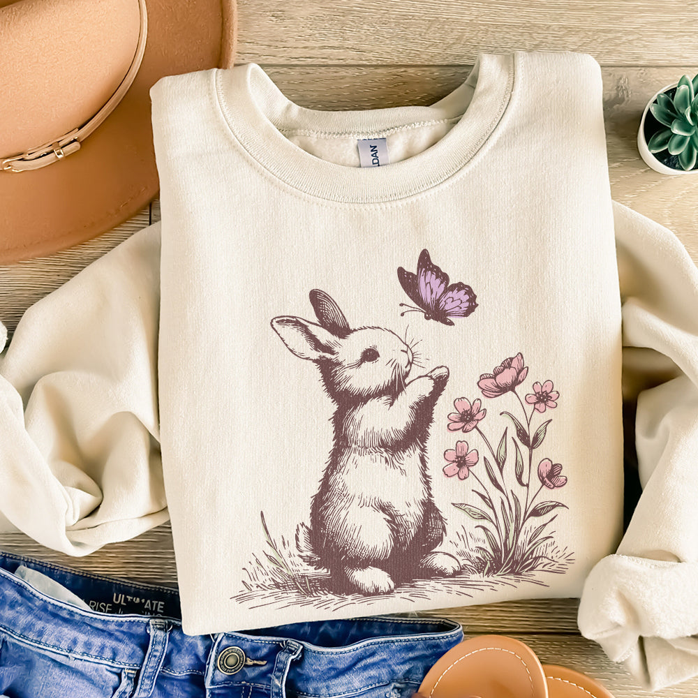 Soft-toned rabbit and butterfly graphic, a whimsical digital design for heat transfers, DTF printing, and creative DIY craft projects.